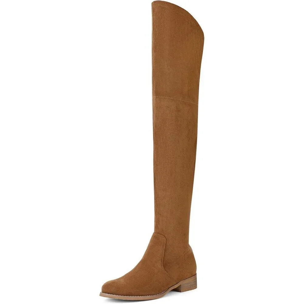 🆕Women's Brown Over The Knee Boots Thigh High Low Block Heel Pointed Toe Boots